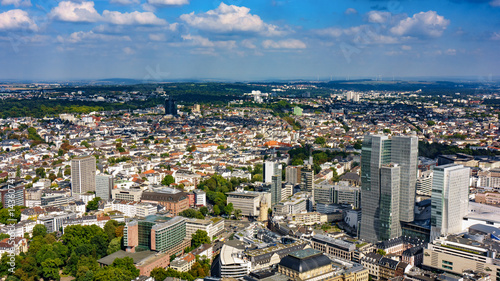 view to skyline of Frankfurt from Maintower in Frankfurt, Germany