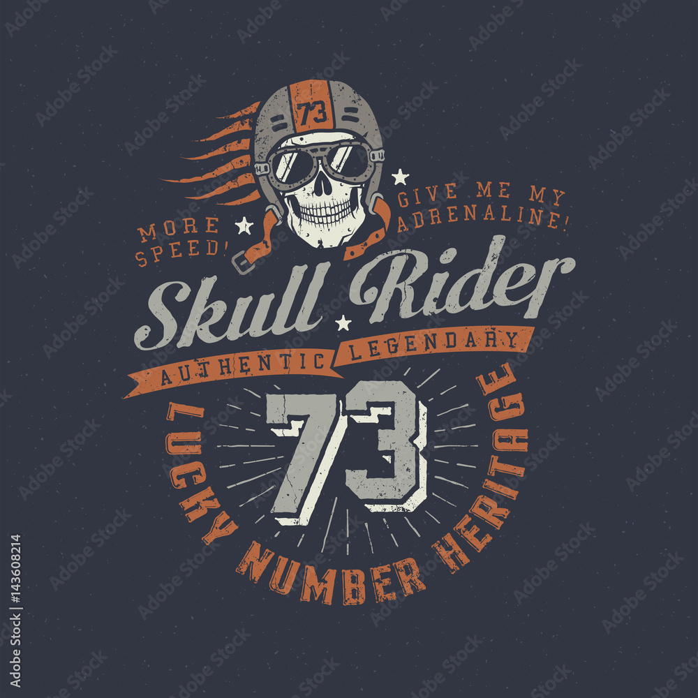 Fototapeta premium Racer authentic retro logo with skull in helmet and glasses in hipster style. Worn texture on a separate layer and can be easily disabled.