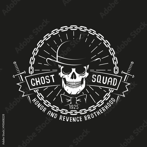 Vintage bandit logo with skull in bowler hat, daggers, ribbon, chain and sunburst on a black background. Vector illustration.
