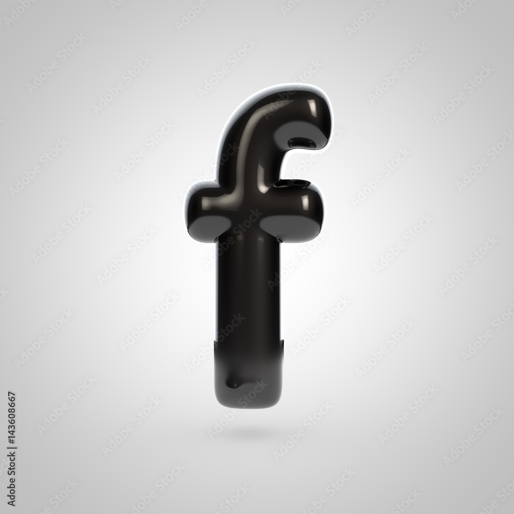 Metallic paint black letter F lowercase. 3D rendering font with glint and lights reflections isolated on white background. Metallic paint black letter F lowercase. 3D rendering font with glint and lights reflections isolated on white background.