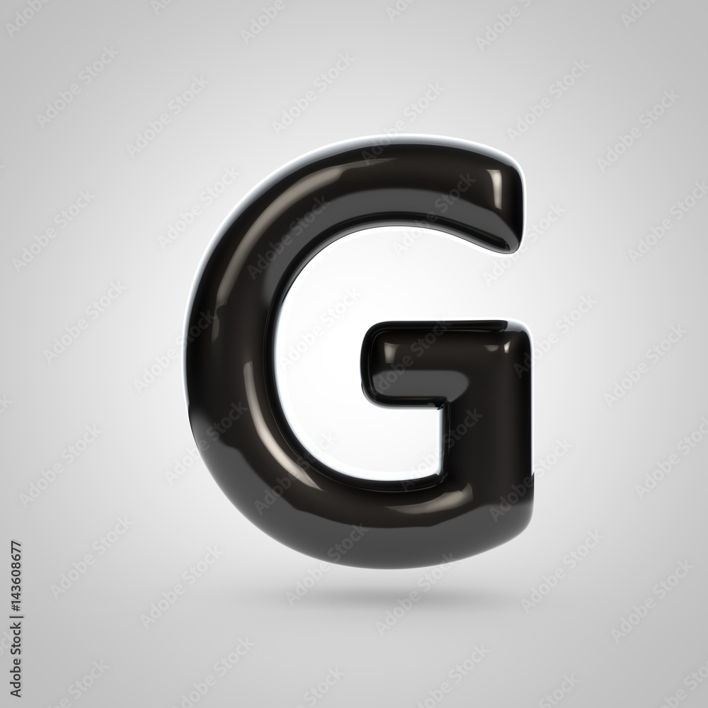 Metallic paint black letter G uppercase. 3D rendering font with glint and lights reflections isolated on white background. Metallic paint black letter G uppercase. 3D rendering font with glint and lights reflections isolated on white background.