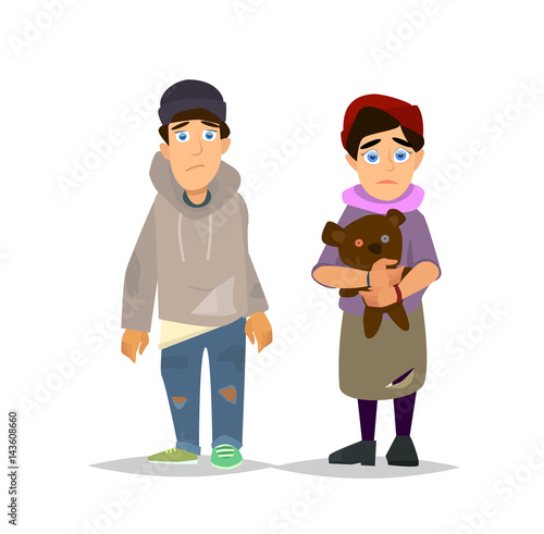 Homeless child. Cartoon flat character. Homeless character. Homeless children