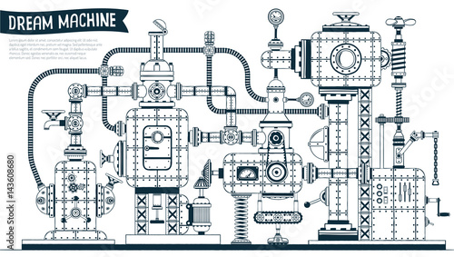 Complex  fantastic steampunk machine or apparatus with many elements, pipes, wires, valves. Drawn in contours in the doodle style. Vector illustration.