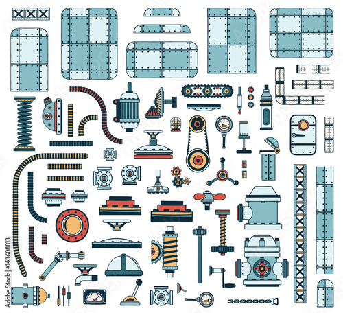 A large set of colored industrial spare parts to create steampunk machines and apparatus. Vector illustration.