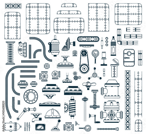 A set of monochrome steampunk spare parts for creating a robot, machine, device or apparatus. Vector illustration.