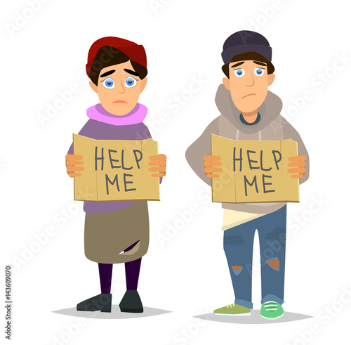 Homeless child. Cartoon flat character. Homeless character. Homeless children