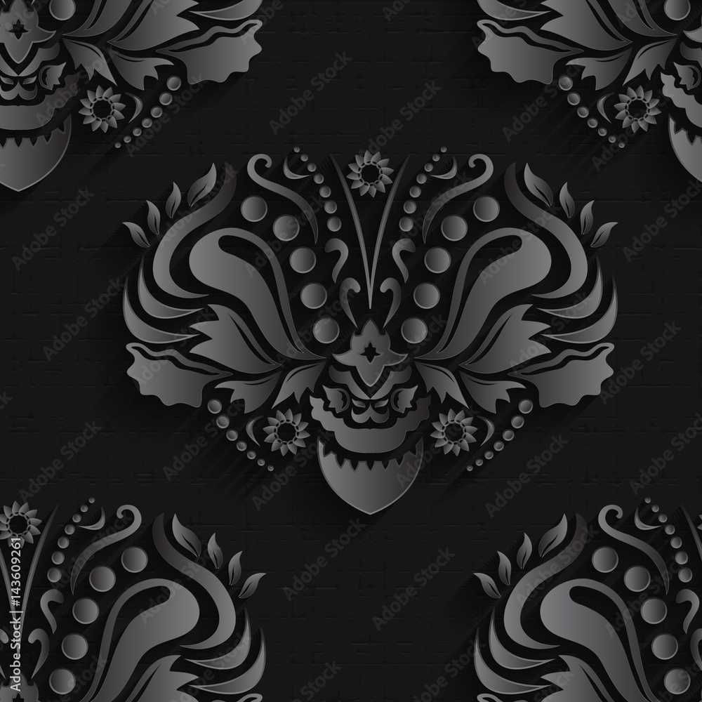 Vector realistic floral seamless pattern on black background. Ornamental retro luxury background for wallpaper, decoration and covering.