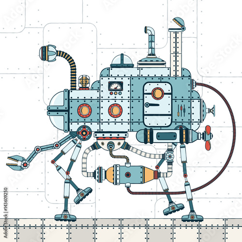 Walking metal machine, with various pipes, hoses, devices and with  mechanical arm. On an industrial background. Color vector illustration of a steampunk style.