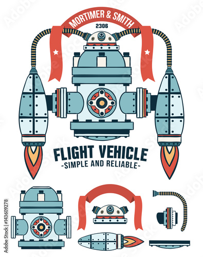 Fantastic flying machine as a logo with ribbon and inscriptions. Spare parts are included.
Colored Vector illustration. 