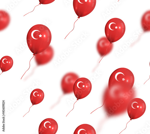 Vector seamless pattern with realistic air balloons with Turkish flag on the white background.