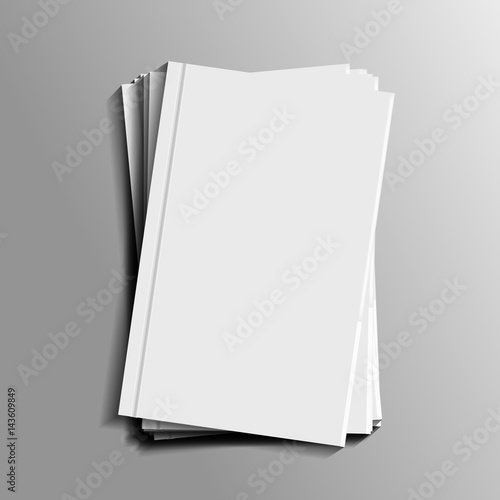 Vector realistic isolated pile of books on the gray background. Realistic paper mock up template for covering design, branding, corporate identity and advertising.