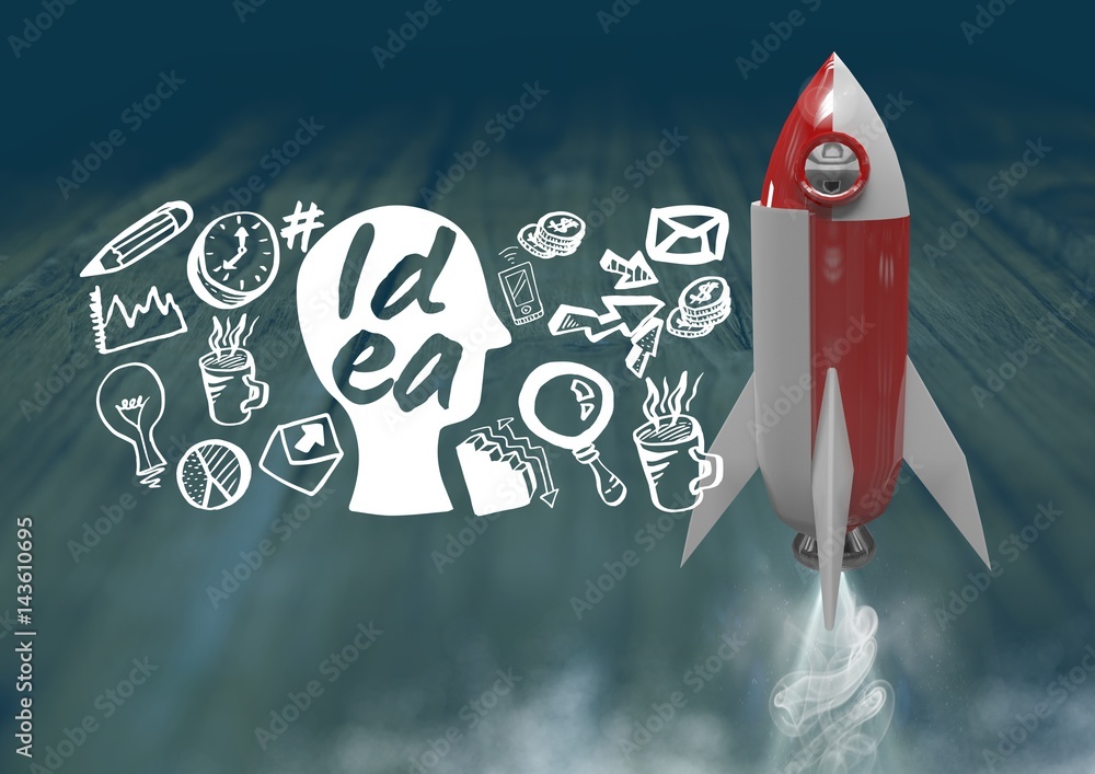 3D Rocket flying and Idea text with drawings graphics Stock ...