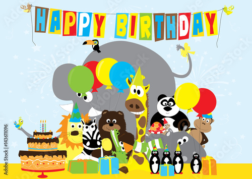 Happy Birthday card with bitrhday party animals- vector illustration for children