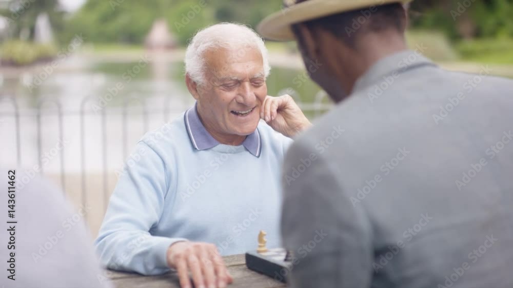 Portrait smiling senior man playing chess in the park with a friend Portrait smiling senior man playing chess in the park with a friend