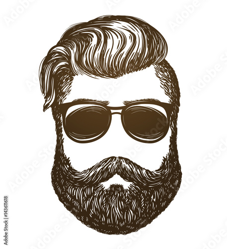 Hand drawn portrait of man with beard. Hipster, sunglasses sketch. Vintage vector illustration