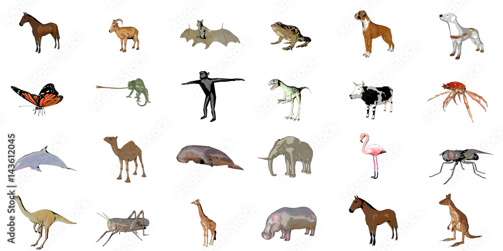 Big collection of sketch animals isolated on white 3d rendering
