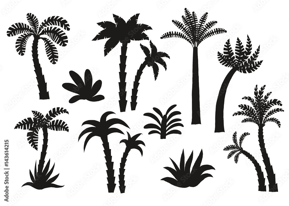 Palm tree black silhouettes set.