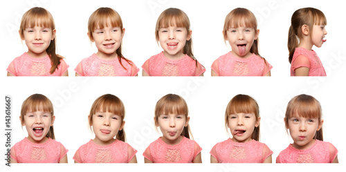 Speech therapy concept. Little girl doing exercises for correct pronunciation on white background