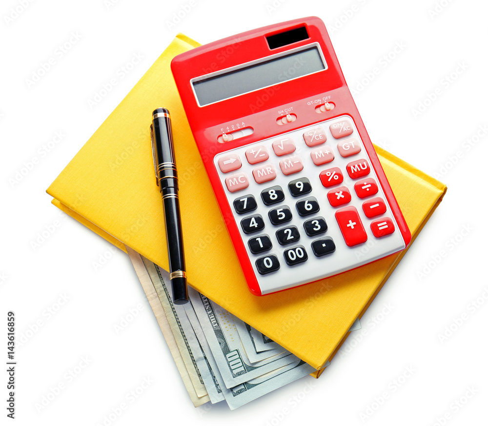 Red calculator, pen and yellow notepad with banknotes on white background Red calculator, pen and yellow notepad with banknotes on white background