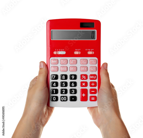 Hands holding red calculator on white background