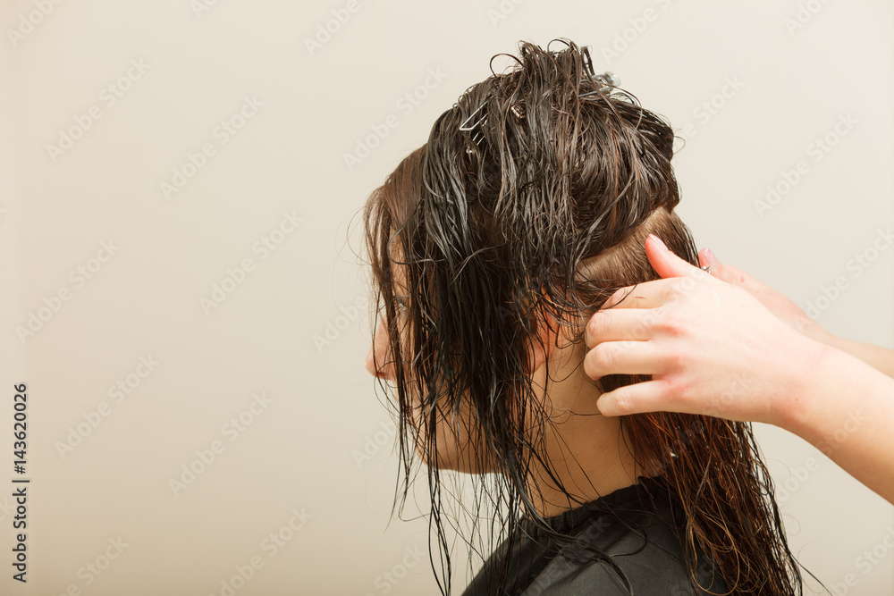 Naklejka premium Hairdresser styling woman dark long hair