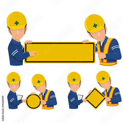 Icon of two workers are presenting blank warning sign on transparent background