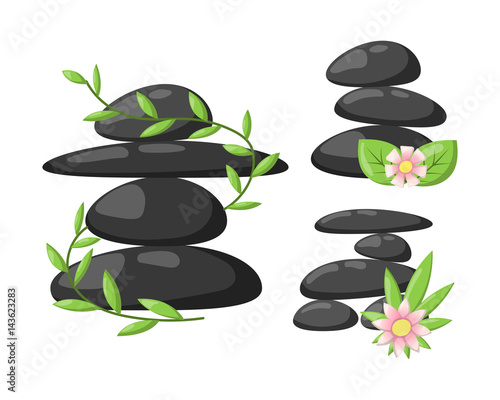Pyramid from sea pebble relax heap stones isolated and healthy wellness black massage meditation natural tool spa balance therapy zen vector illustration.