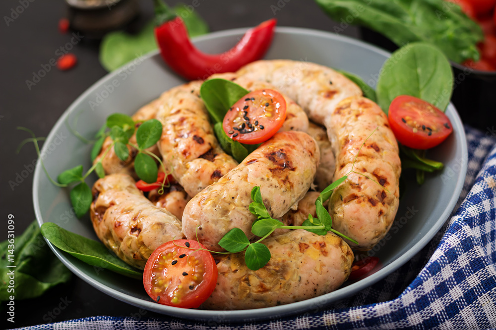 Dietary sausages from turkey fillet and mushrooms. Flat lay. Top view Dietary sausages from turkey fillet and mushrooms. Flat lay. Top view