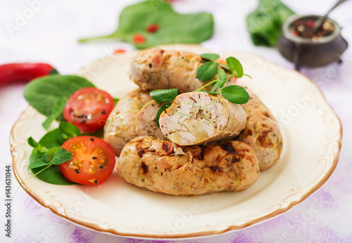Dietary sausages from turkey fillet and mushrooms.