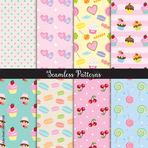 Vector illustration of cute dessert seamless pattern set.
