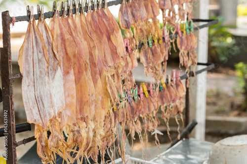 Dried squid, traditional squids drying under the sun in a idyllic fishermen village , Thailand