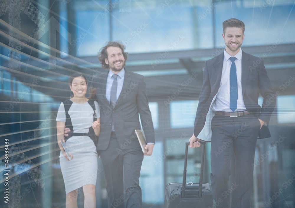 Business people walking with arrow graphic overlay Business people walking with arrow graphic overlay