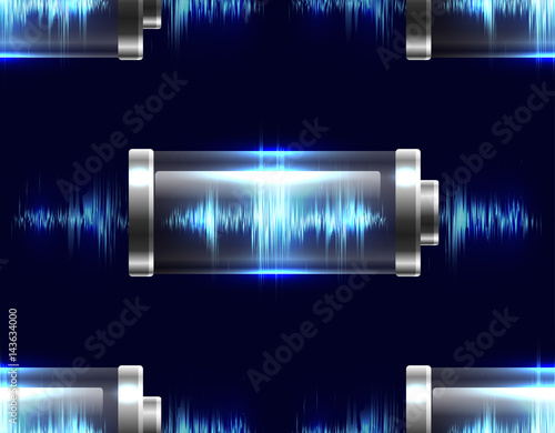 Seamless texture with batteries with electric charge, resonance, pulse. Vector pattern for your creativity
