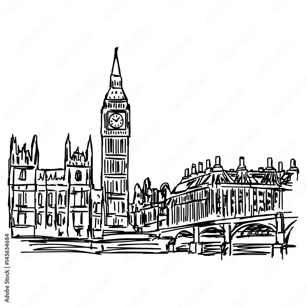 Big Ben and westminster bridge in London - vector illustration sketch hand drawn isolated on white background