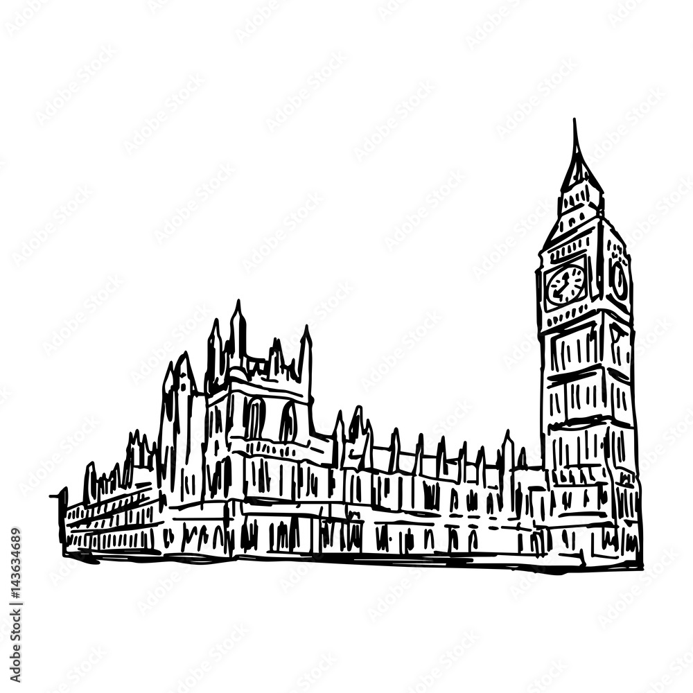 Big Ben and House of Parliament - vector illustration sketch hand drawn isolated on white background