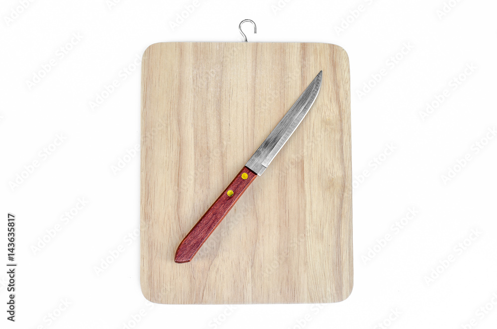 Small knife and chopping board isolated on white background