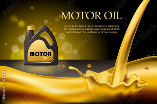 Engine or motor oil on the light golden bokeh background with containers, 3d illustration