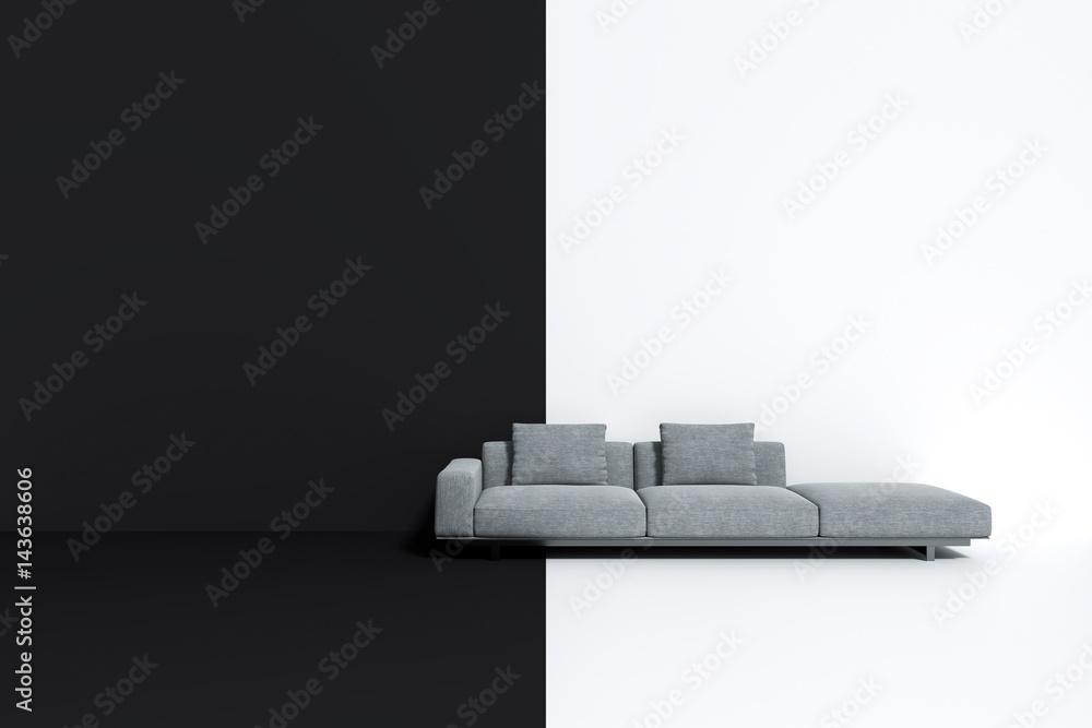 3d rendering : room Minimalist interior light and shadow with Gray fabric long sofa at front of two tone black and white wall and floor. minimalism loft style wall background. design your HOME concept 3d rendering : room Minimalist interior light and shadow with Gray fabric long sofa at front of two tone black and white wall and floor. minimalism loft style wall background. design your HOME concept
