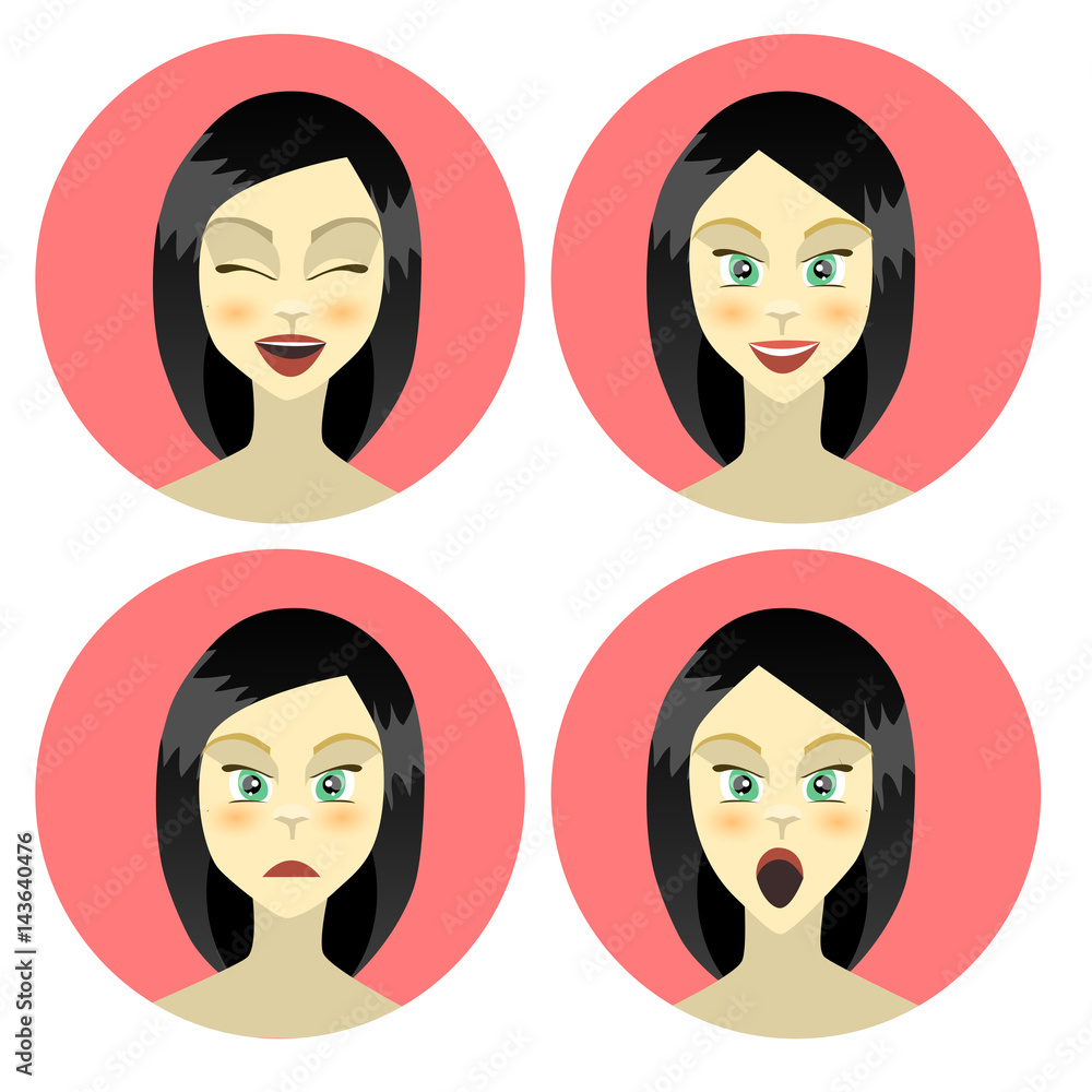 Girl , woman emotions character, joy, happiness, surprise, anger, equanimity, cartoon character, flat style. Vector illustration Girl , woman emotions character, joy, happiness, surprise, anger, equanimity, cartoon character, flat style. Vector illustration