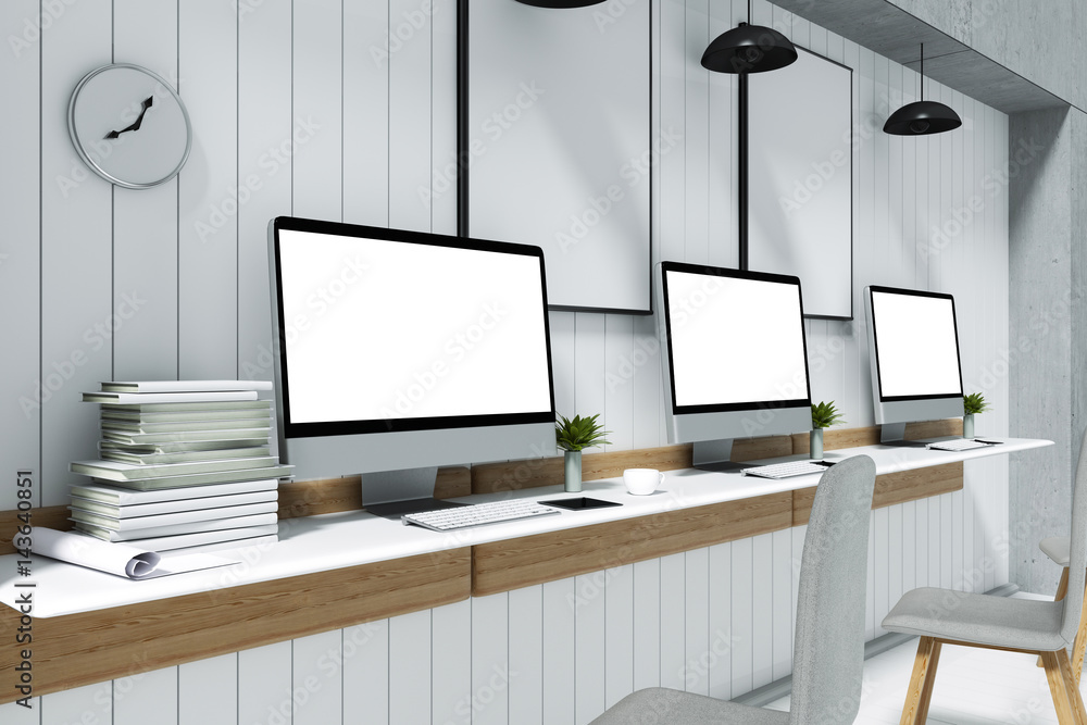 3D Rendering : illustration of PC computer desktop mock up front of white wooden tile wall on white table in bright room or internet coffee cafe. minimal interior mock up. clipping path included 3D Rendering : illustration of PC computer desktop mock up front of white wooden tile wall on white table in bright room or internet coffee cafe. minimal interior mock up. clipping path included