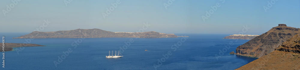 Panorama of the caldera at the Greek Island of Santorini with Cruise Ship..