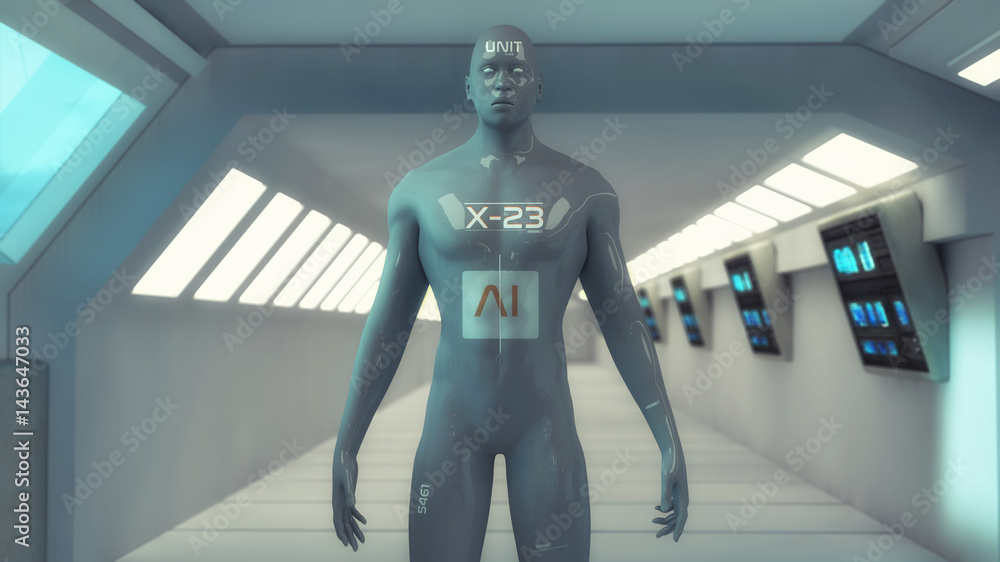 3d rendering. Humanoid head and futuristic room 3d rendering. Humanoid head and futuristic room