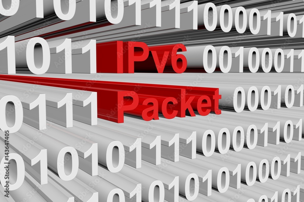 IPv6 packet in the form of binary code, 3D illustration