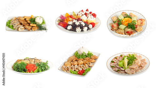 Set of festive meals of meat and vegetables isolated