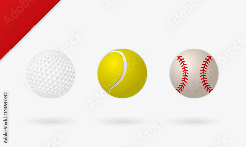 Set of golf, tennis and baseball ball. Realistic vector illustration.
