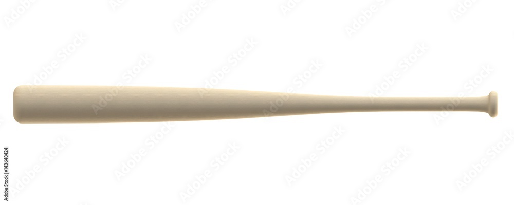 Closeup of pine wood baseball bat isolated on white background, 3D rendering Closeup of pine wood baseball bat isolated on white background, 3D rendering