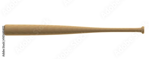 Closeup of oak wood baseball bat isolated on white background, 3D rendering