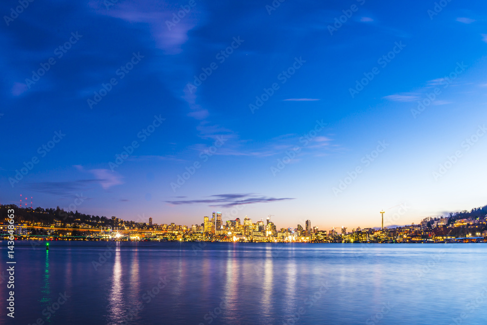 Seattle city scape at night with reflection on Union lake,Seattle,Washington,usa.