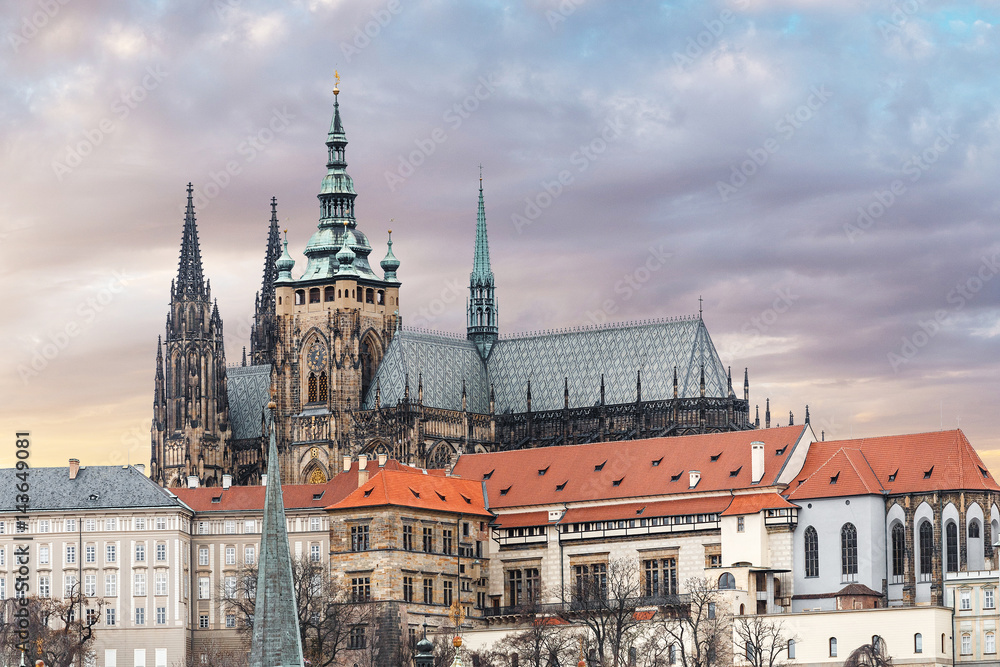 Telephoto zoom view of Prague Castle and St. Vitus cathedral in Prague