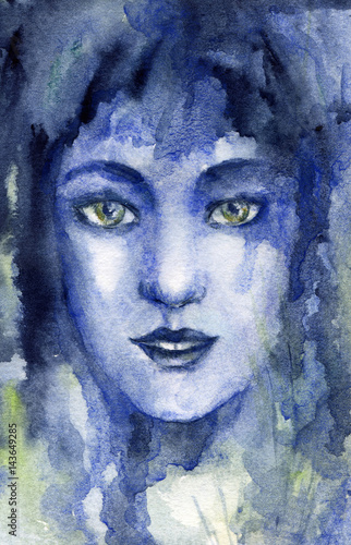 Watercolor abstract woman portrait in blue colors 